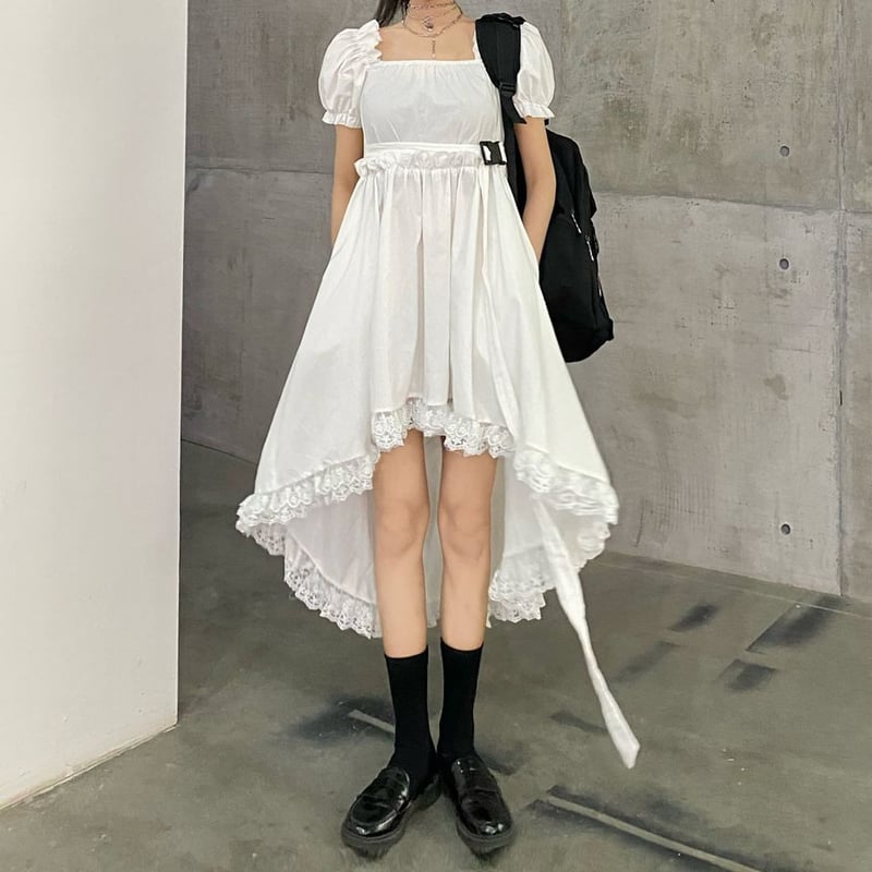 ワンピース アシンメトリー フィッシュテール ベルト パフ袖 韓国
