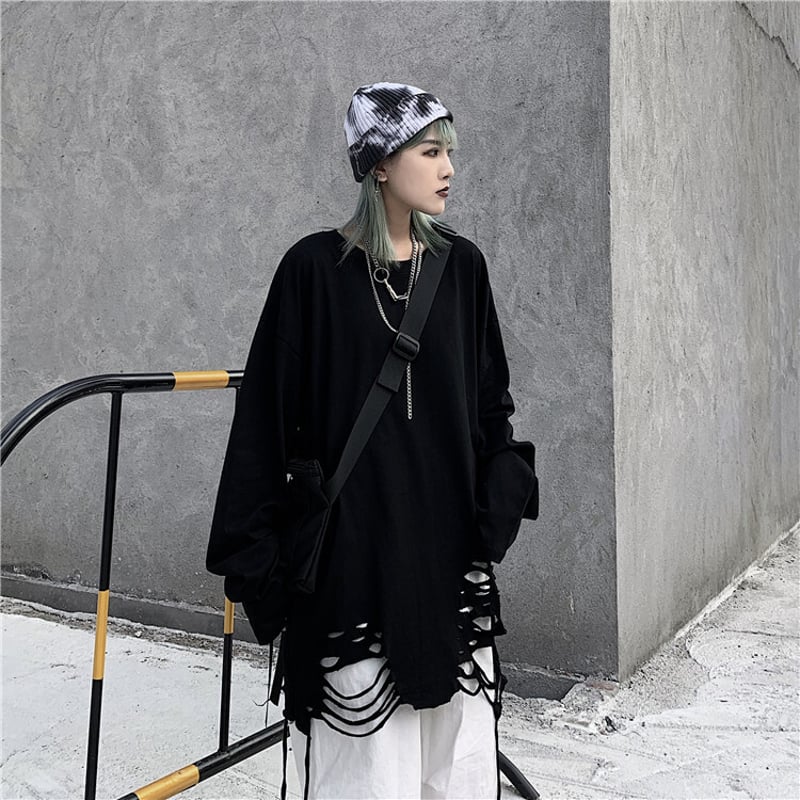 ★m★HYEIN SEO ダメージ加工 ロンT 長袖カットソー ロンT ダメージ加工 長袖 Tシャツ デザインカットソー