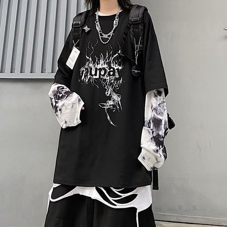 フェイクレイヤード ドッキングトップス tシャツ ロンT タイダイ柄 長袖 レトロ 韓国ファッション レディース 大人可愛い ガーリー カジュアル ストリート系 DTC-626481470986