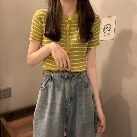 ボーダー サマーニット トップス シンプル 半袖 韓国ファッション レディース 大人可愛い ガーリー DTC-641098885122