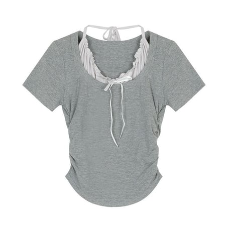 フェイクレイヤード Tシャツ ホルターネック プリーツフリル リボン ドッキングトップス スリムフィット ショート丈 半袖 レトロ 大人可愛い ガーリー DTCA-789934600228
