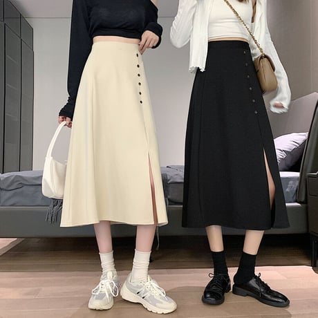 スプリットスカート Aライン ミドル丈 アプリコット ブラック 韓国ファッション レディース スカート クロッチスカート ハイウエスト 大人カジュアル かわいい ガーリー 626634086789