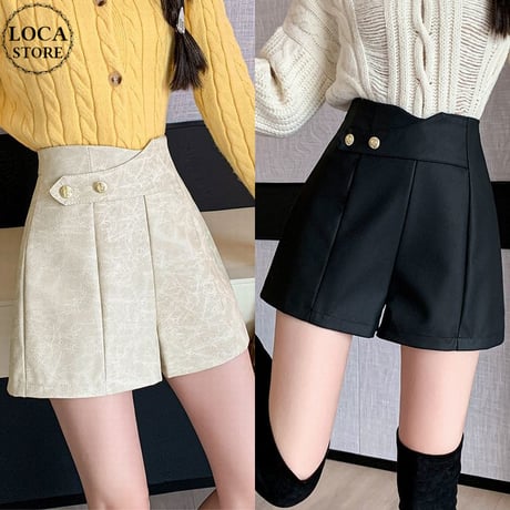 レザー ショートパンツ ハイウエスト ボタン ワイドパンツ PUレザー カジュアル レトロ 韓国ファッション レディース 大人可愛い ガーリー DTCA-832123407086