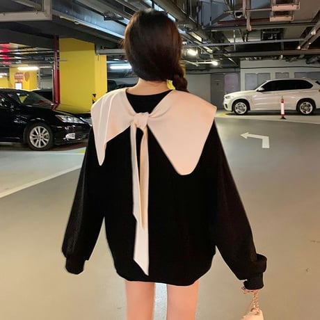 前後2wayデザイン トレーナー ボウタイ 大きい襟 ブラック 長袖 ゆったり レトロ 韓国ファッション レディース 大人可愛い ガーリー カジュアル フェミニン DTC-654405398429