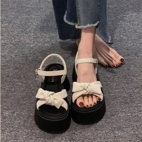 リボン 厚底サンダル 22.5～25.0cm 厚底ソール アンクルストラップ ボリュームソール 厚底 美脚 キュート 痛くない かわいい 靴 歩きやすい おしゃれ DTCA-906281985747