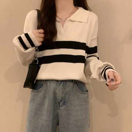 ニットトップス 襟付きニット ポロカラー Vネック ボーダー ライン トップス 長袖 レトロ 韓国ファッション レディース 大人可愛い ガーリー カジュアル DTC-654263635279