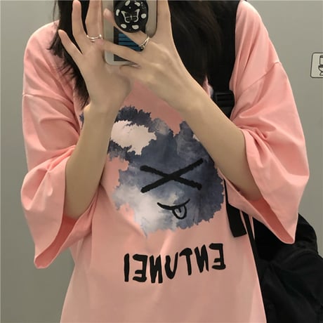 Tシャツ 半袖 ラウンドネック プリント ドロップショルダー 大きめ オーバーサイズ 韓国ファッション レディース カジュアル ストリートファッション DTC-644950773167