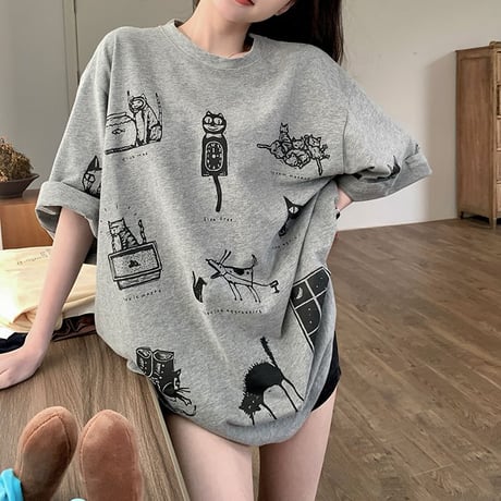 tシャツ 漫画風プリント トップス 半袖 クルーネック オーバーサイズ ルーズ ゆったり カジュアル レトロ 韓国ファッション レディース DTC-771349016436