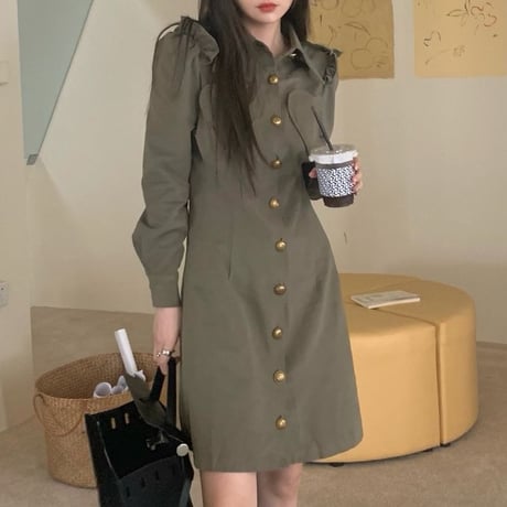 シャツワンピース フリル ハート ハイウエスト ポロカラー ワンピース aライン 長袖 レトロ 韓国ファッション レディース 大人可愛い ガーリー フェミニン DTC-666262271066