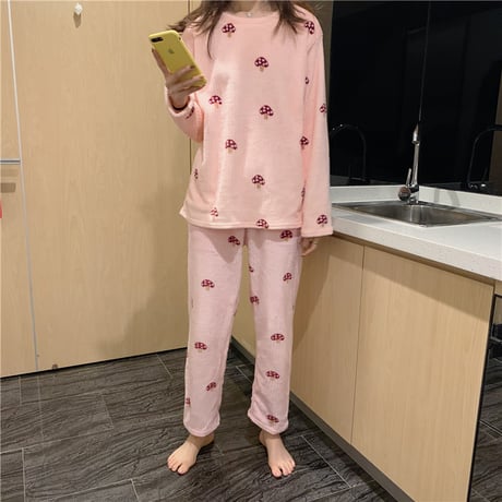 【ルームウェア】 パジャマ セットアップ トップス + パンツ キノコ プリント 長袖 上下セット 長袖 韓国ファッション レディース ガーリー 630650759701
