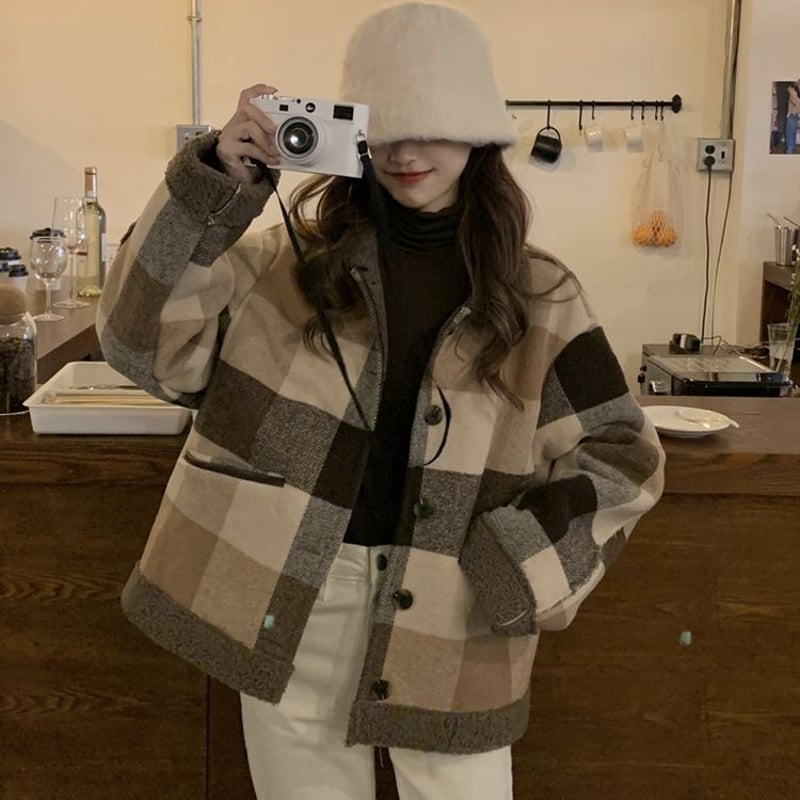チェック柄 ボアジャケット ボアブルゾン もこもこ ゆったり ボア