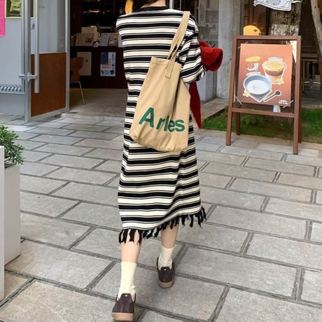 フリンジヘム ボーダー柄 ワンピース 裾フリンジ マルチボーダー ルーズ ロングワンピース 長袖 レトロ 韓国ファッション レディース 大人可愛い ガーリー DTC-745108598997