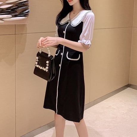 レディース 襟付 フロントボタン ロングワンピース パフスリーブ フリル ガーリー 韓国ファッション 春コーデ 夏コーデ (DCT-596243331340)
