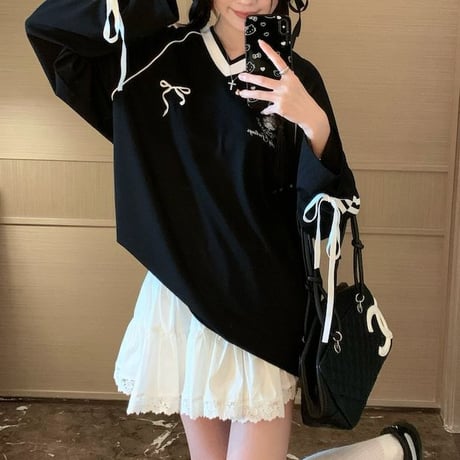 ユニフォーム風 トップス サイドライン リボン プルオーバー ロンT tシャツ Vネック オーバーサイズ ルーズ 長袖 レトロ 大人可愛い ガーリー カジュアル DTCA-839618355803