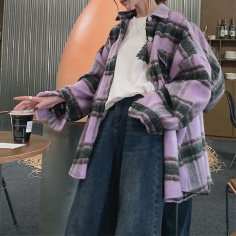 チェック柄ジャケット フェイクウール アウター オーバーサイズ ウールジャケット 起毛 レトロ 韓国ファッション レディース 大人可愛い ガーリー カジュアル DTC-741927455007