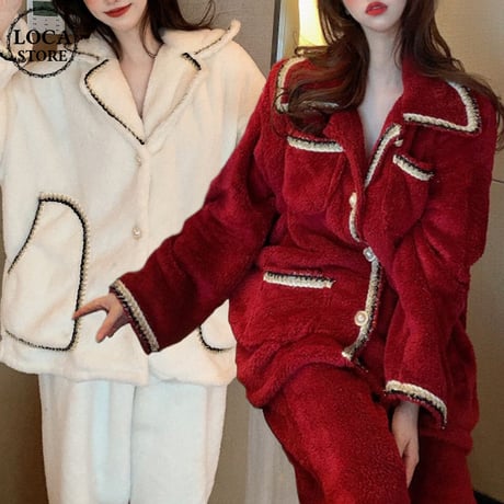 ルームウェア パジャマ セットアップ フリース プラスベルベット トップス + パンツ 長袖 上下セット 韓国ファッション レディース もこもこ ガーリー 633794682654