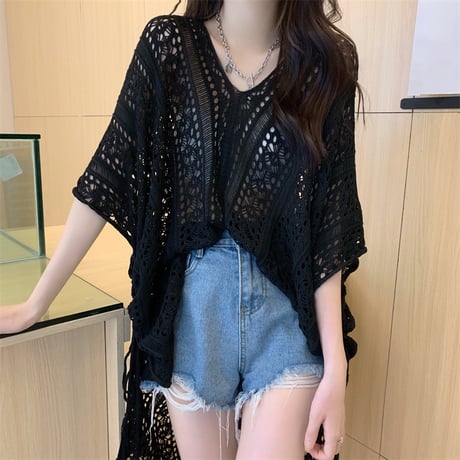 透かし編み サマーニット トップス Vネック かぎ編み tシャツ ドルマンスリーブ オーバーサイズ ルーズ 半袖 レトロ 大人可愛い ガーリー カジュアル DTCA-773104474494