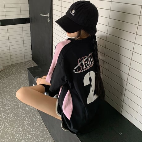 Tシャツ ユニフォーム風 オーバーサイズ サイドライン バイカラー トップス 半袖 レトロ 韓国ファッション レディース 大人可愛い ガーリー スポーツミックス DTC-802941498047