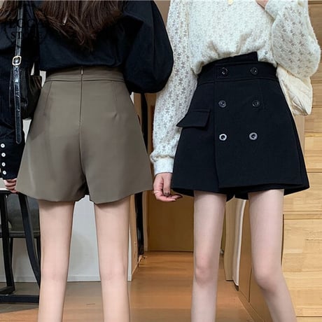 ショートパンツ スカート風 ダブルボタン ハイウエスト ショーパン 韓国ファッション レディース 大人可愛い ガーリー フェミニン DTC-655174488463