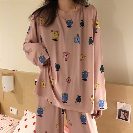 【ルームウェア】 パジャマ セットアップ トップス + パンツ プリント ラウンドネック 上下セット 長袖 韓国ファッション レディース 625829795764
