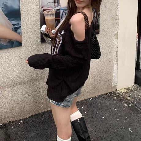 レイヤード風 ロンT レオパード ナンバーロゴ ヒョウ柄 オフショルダー ワンショルダー tシャツ トップス ゆったり 長袖 レトロ 大人可愛い ガーリー DTCA-971954694676