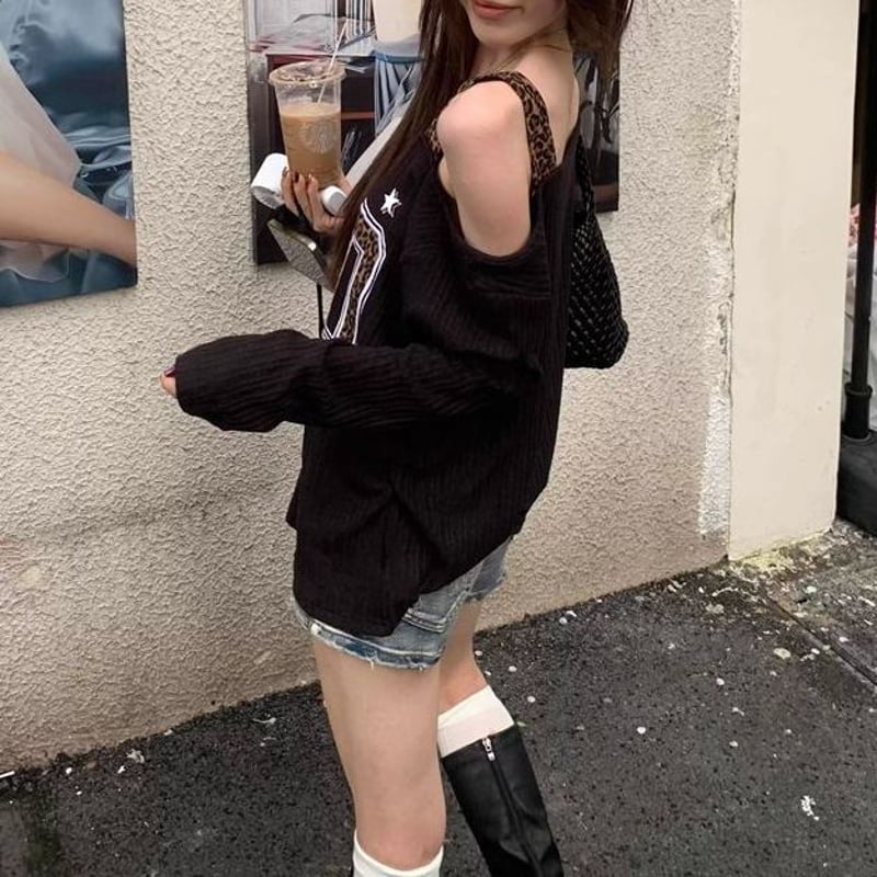 レイヤード風 ロンT レオパード ナンバーロゴ ヒョウ柄 オフショルダー