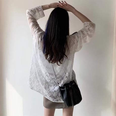 フラワーレース tシャツ 透け感 トップス ホワイト ブラック クルーネック レース ロンT 長袖 レトロ 大人可愛い ガーリー DTCA-865166902200