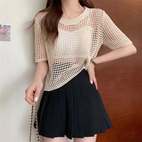 サマーニット メッシュ トップス プルオーバー tシャツ 透かし編み クルーネック ショート丈 レイヤードトップス 半袖 レトロ 大人可愛い ガーリー カジュアル DTCA-676945045996