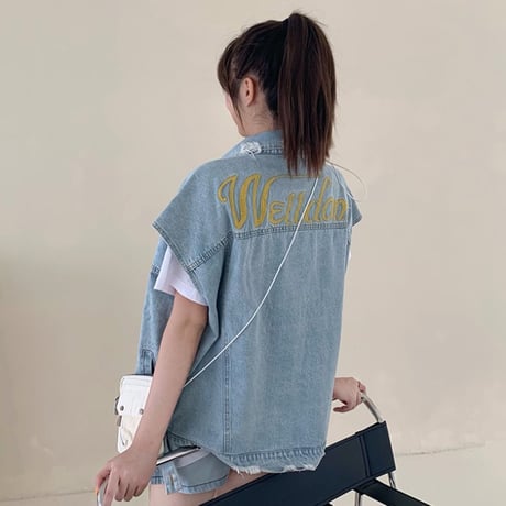 デニムベスト ケミカルウォッシュ加工 刺繍 韓国ファッション レディース ベスト デニムジャケット ジージャン Gジャン DTC-611413811422