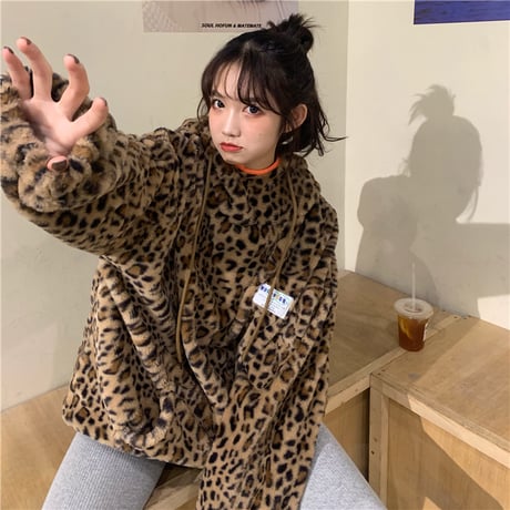 レオパード ボアパーカー プルオーバー オーバーサイズ ラムウール 韓国ファッション レディース ボアブルゾン ヒョウ柄 フリース もこもこ 防寒 ガーリー DTC-629124570504