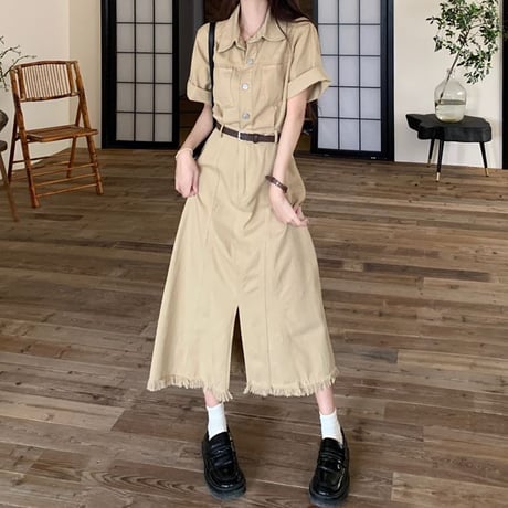 シャツワンピース ベルト付き タッセル スリット ウエストマーク 半袖 ハイウエスト ワンピース レトロ 韓国ファッション レディース 大人可愛い ガーリー DTC-719014711185
