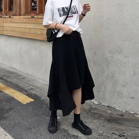 レディース スカート アシンメトリー ロング丈 ティアード フリル ロング丈 無地 春 夏 秋 冬 韓国 韓国ファッション (DTC-599634168759)
