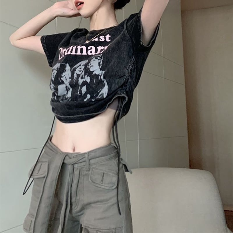tシャツ 半袖 ショート丈 ドロスト 英字プリント ドローコード ドロー