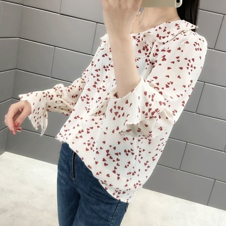 レディース ハート柄ブラウス ハート柄シャツ トップス フリル 薄手 長袖 シフォン フレア袖 ガーリー フェミニン 韓国ファッション (DCT-591142140695)