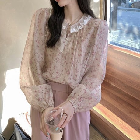 小花柄 ブラウス レースカラー ランタンスリーブ シフォン シャツ ルーズ 透け感 長袖 レトロ 韓国ファッション レディース 大人可愛い ガーリー フェミニン DTC-711356605310