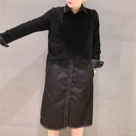 レディース ドッキングワンピース デニムシャツ ワンピース ニット マタニティ ガーリー フェミニン 韓国ファッション (DCT-557459370190)