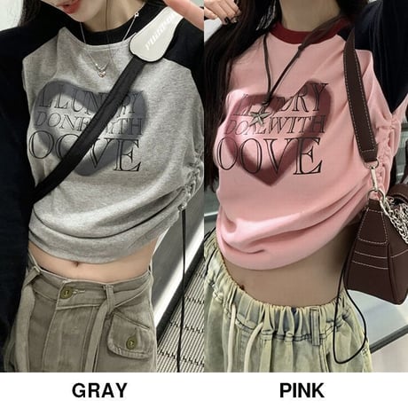 tシャツ 長袖 ドロスト ショート丈 ドローコード ドローストラップ ロンT 韓国ファッション レディース 大人可愛い ガーリー カジュアル DTC-701979946262