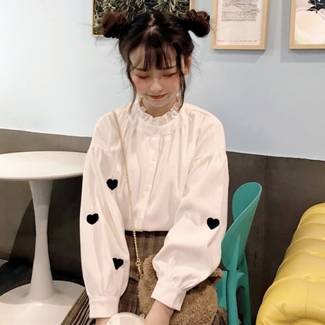 ブラウス ハート 刺繍 フリルネック 韓国ファッション レディース パフスリーブ ランタンスリーブ 長袖 フリル ガーリー DTC-575957015563