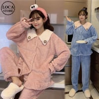 ルームウェア パジャマ セットアップ トップス + パンツ もこもこ 上下セット 長袖 厚手 韓国ファッション レディース フリース ガーリー レトロ 629614343345