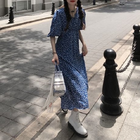 花柄ワンピース Vネック パフ袖 薄い 小花柄 半袖 ハイウエスト 韓国ファッション レディース ロングワンピース レトロ 大人可愛い ガーリー フェミニン DTC-650353120552