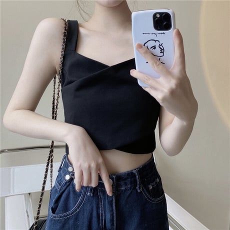 前後2way タンクトップ キャミソール トップス チャック ジップアップ クロップド丈 へそ出し レトロ 韓国ファッション レディース 大人可愛い ガーリー DTC-718520459589