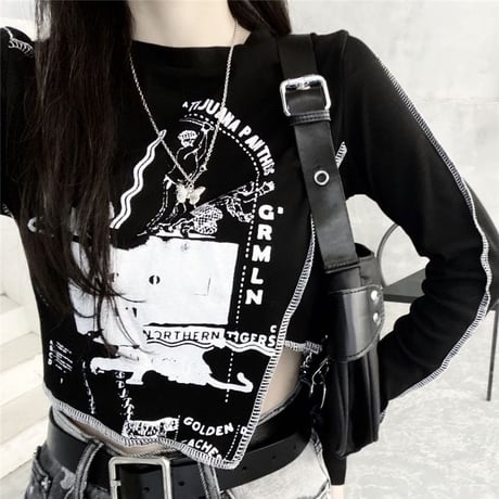 ロンT アシンメトリー ショート丈 スリムフィット 不規則デザイン アシメ tシャツ トップス 長袖 レトロ 大人可愛い ガーリー サブカル系 カジュアル DTCA-655976986014