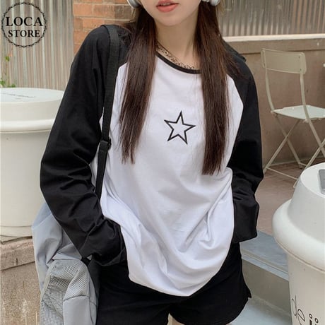 tシャツ バイカラー ラグランスリーブ スター 星 オーバーサイズ トップス ロンT 長袖 ゆったり 体型カバー カジュアル レトロ 韓国ファッション レディース DTCA-778096918717