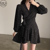 ドット柄 カシュクール フレア ミニワンピース ラップワンピース Vネック 肩パッド Aライン ハイウエスト 長袖 レトロ 大人可愛い ガーリー DTCA-745088824652