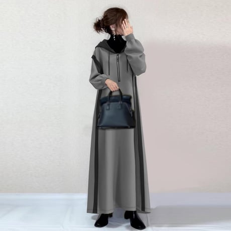 パーカーワンピース ハーフジップ ロングワンピース フード付き ワンピース バイカラー 切り替え 長袖 レトロ 大人可愛い ガーリー カジュアル DTCA-747683807821