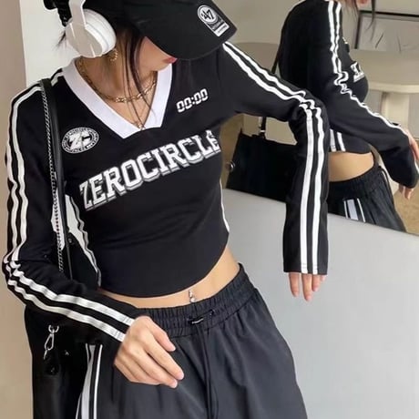 ユニフォーム風 tシャツ クロップド丈 ゲームtシャツ ロンT 袖ライン スリムフィット トップス Vネック 長袖 レトロ カジュアル スポーツミックス DTCA-817363745673