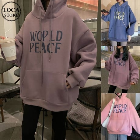 パーカー プラスベルベット WORLDPEACE プルオーバー オーバーサイズ 韓国ファッション レディース トップス 裏起毛 ガーリー カジュアル ストリート系 DTC-654398609236