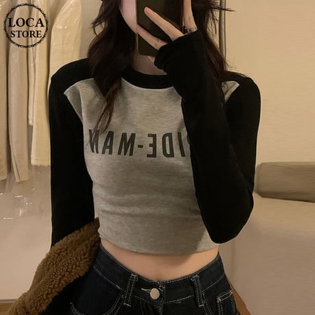 クロップド丈 Tシャツ 長袖 ロンT 英字プリント トップス レトロ 韓国ファッション レディース 大人可愛い ガーリー カジュアル ストリート系ファッション DTC-667747855650