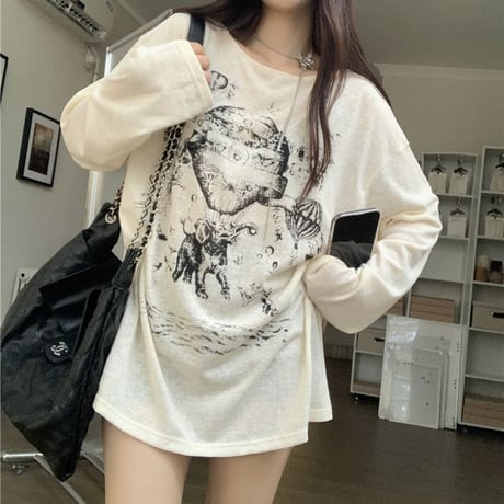 tシャツ 長袖 オーバーサイズ ドロップショルダー ロンt クルーネック トップス ルーズ レトロ 韓国ファッション レディース 大人可愛い ガーリー DTC-735331608484