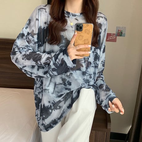 タイダイ柄 tシャツ シアートップス 薄手 クルーネック シアーtシャツ トップス オーバーサイズ ゆったり ルーズ 長袖 レトロ 大人可愛い ガーリー DTCA-745927970542